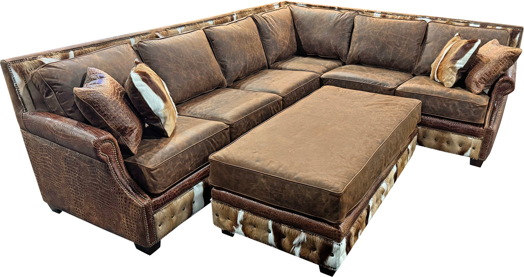 Springbok exotic hide western leather ottoman in a large 30" x 60" size built as a perfect pair for our Springbok Sectional Sofa