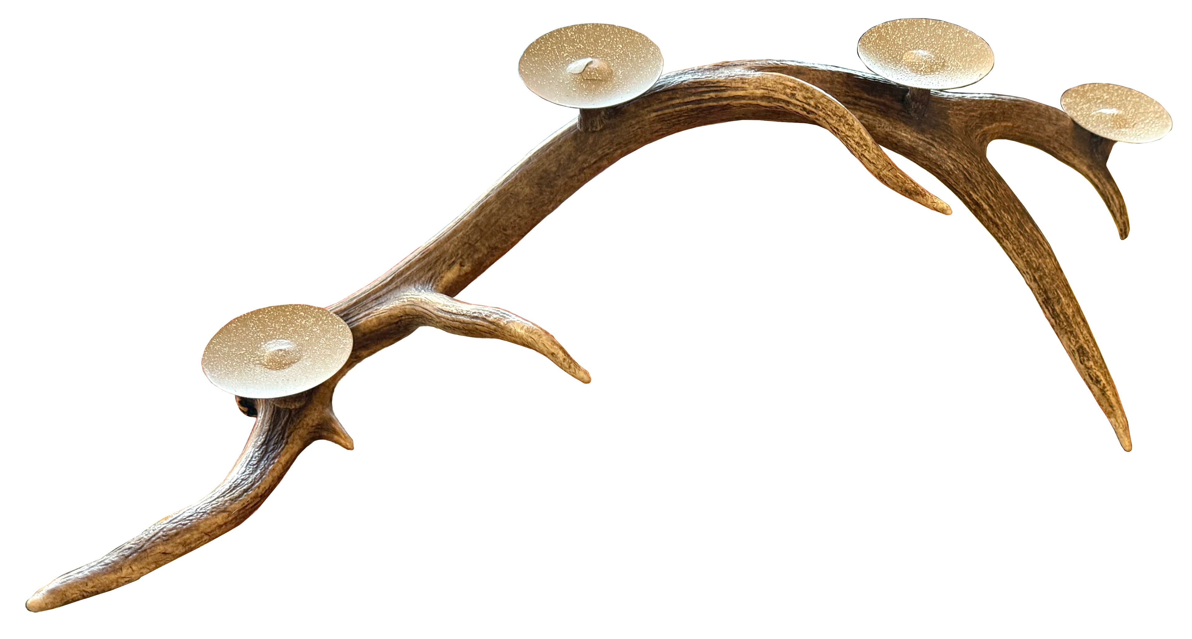 Handcrafted antler candelabra with four candle plates. Made from naturally shed deer antlers, this rustic centerpiece adds warmth and natural beauty to any lodge or Western-inspired home.