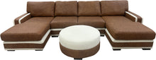Load image into Gallery viewer, Luxury leather sectional in Dillon Amber with cream Tibetan sheep accents. Deep 27&quot; seats, handcrafted style—perfect for rustic, western, or modern homes.