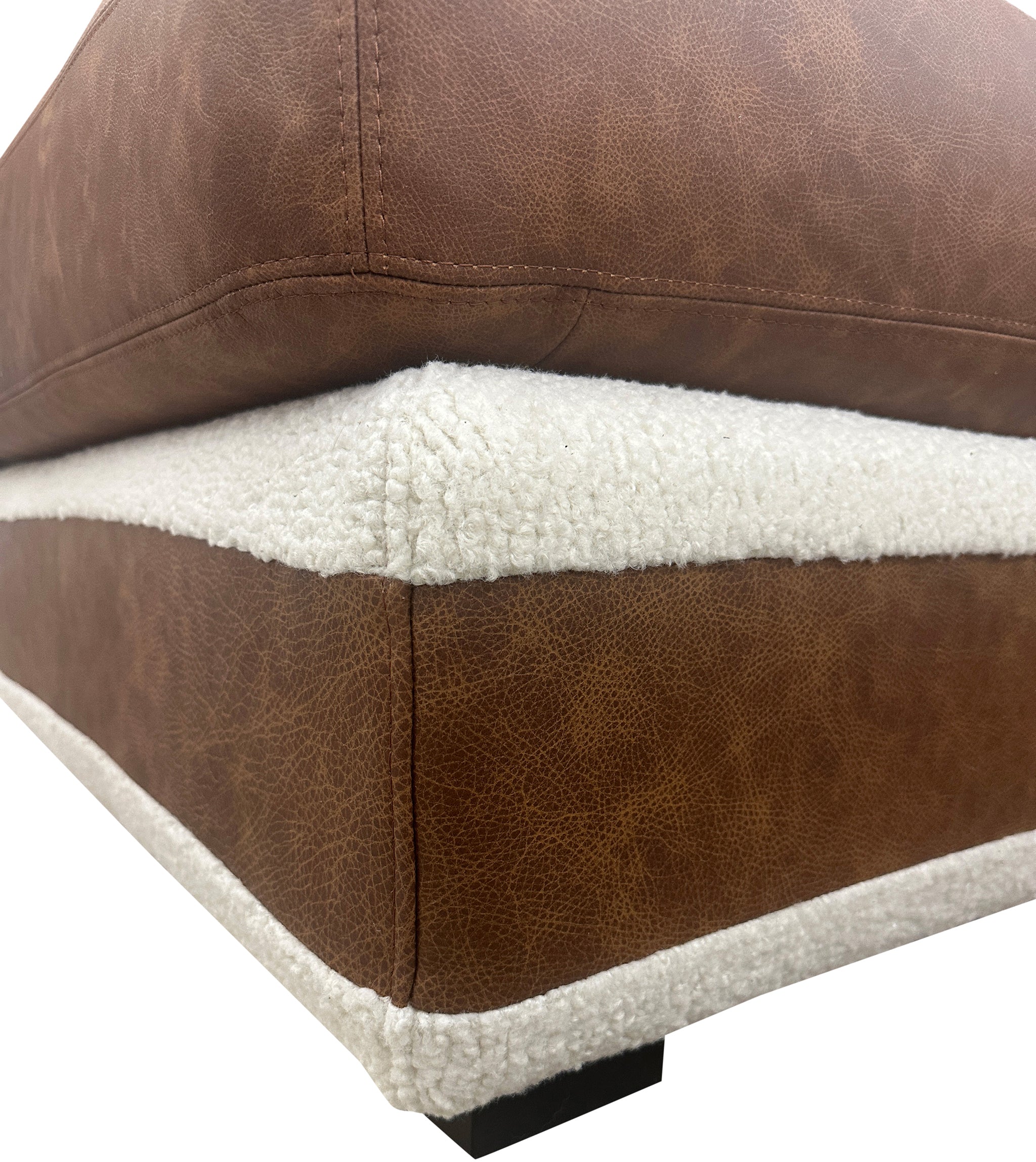 Luxury leather sectional in Dillon Amber with cream Tibetan sheep accents. Deep 27" seats, handcrafted style—perfect for rustic, western, or modern homes.