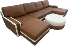 Load image into Gallery viewer, Luxury leather sectional in Dillon Amber with cream Tibetan sheep accents. Deep 27&quot; seats, handcrafted style—perfect for rustic, western, or modern homes.