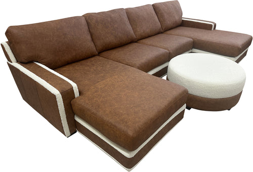 Luxury leather sectional in Dillon Amber with cream Tibetan sheep accents. Deep 27