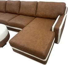 Load image into Gallery viewer, Luxury leather sectional in Dillon Amber with cream Tibetan sheep accents. Deep 27&quot; seats, handcrafted style—perfect for rustic, western, or modern homes.