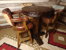 Load image into Gallery viewer, Custom Knotty Alder Pub Table With Antler Chandelier and Western Farmhouse Leather and Cowhide Barstools