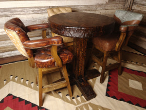 Custom Knotty Alder Pub Table With Antler Chandelier and Western Farmhouse Leather and Cowhide Barstools