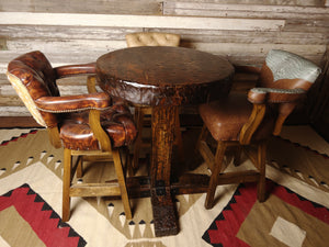 Custom Knotty Alder Pub Table With Western Farmhouse Leather and Cowhide Barstools