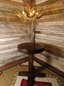 Custom Knotty Alder Pub Table With Antler Chandelier