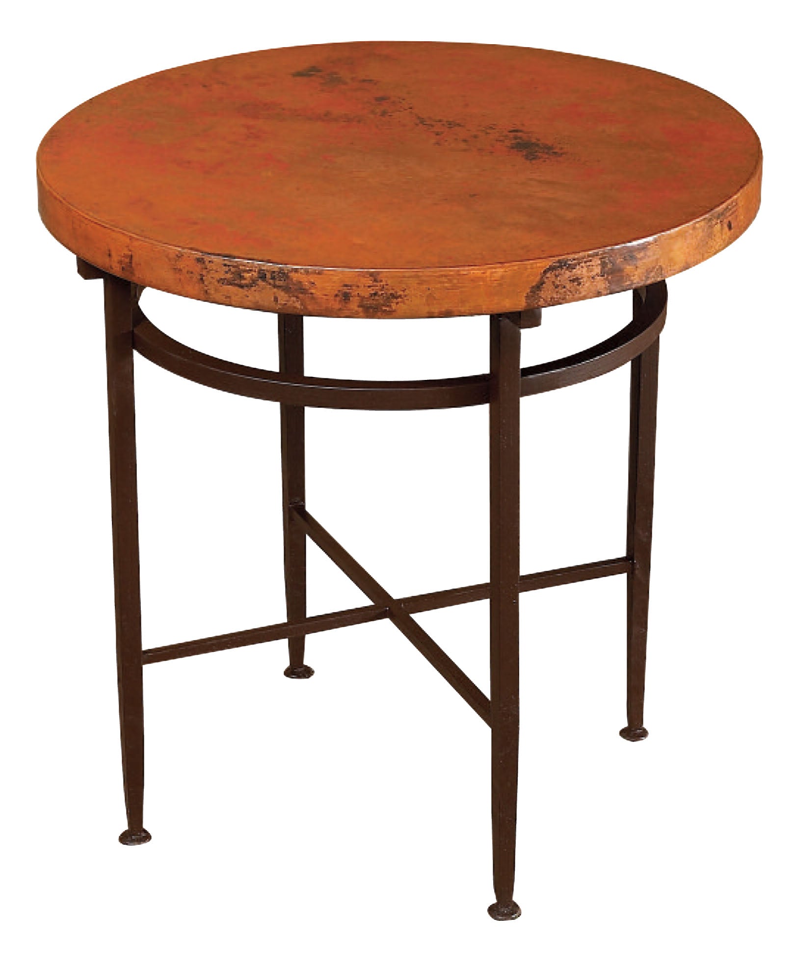 Bring rustic elegance into your space with the Jessica Copper End Table, featuring a hand-hammered copper top and wrought iron base, offered in round or triangle shape.