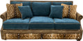 Luxury Western sofa with Stallone Branch leather frame, Devotion Denim fabric cushions, and Axis hide accents. Nailhead trim designer ranch and lodge sofa.