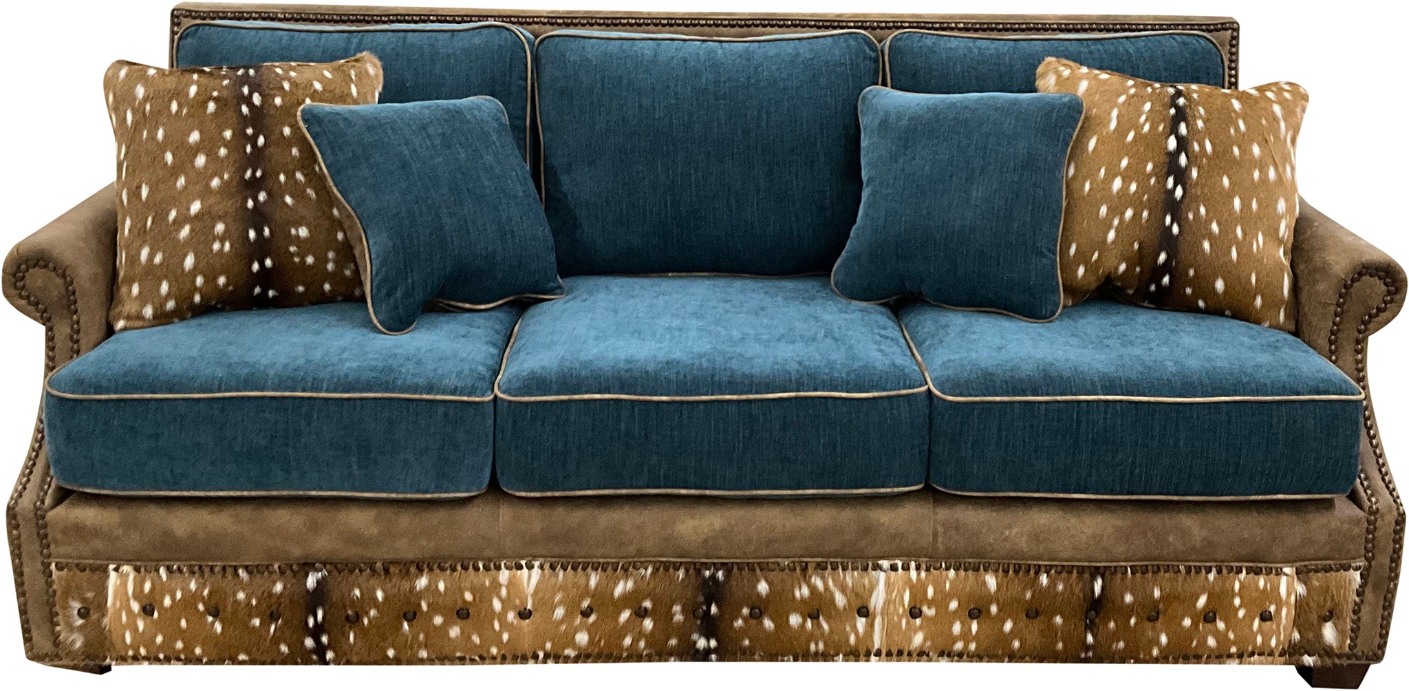 Luxury Western sofa with Stallone Branch leather frame, Devotion Denim fabric cushions, and Axis hide accents. Nailhead trim designer ranch and lodge sofa.