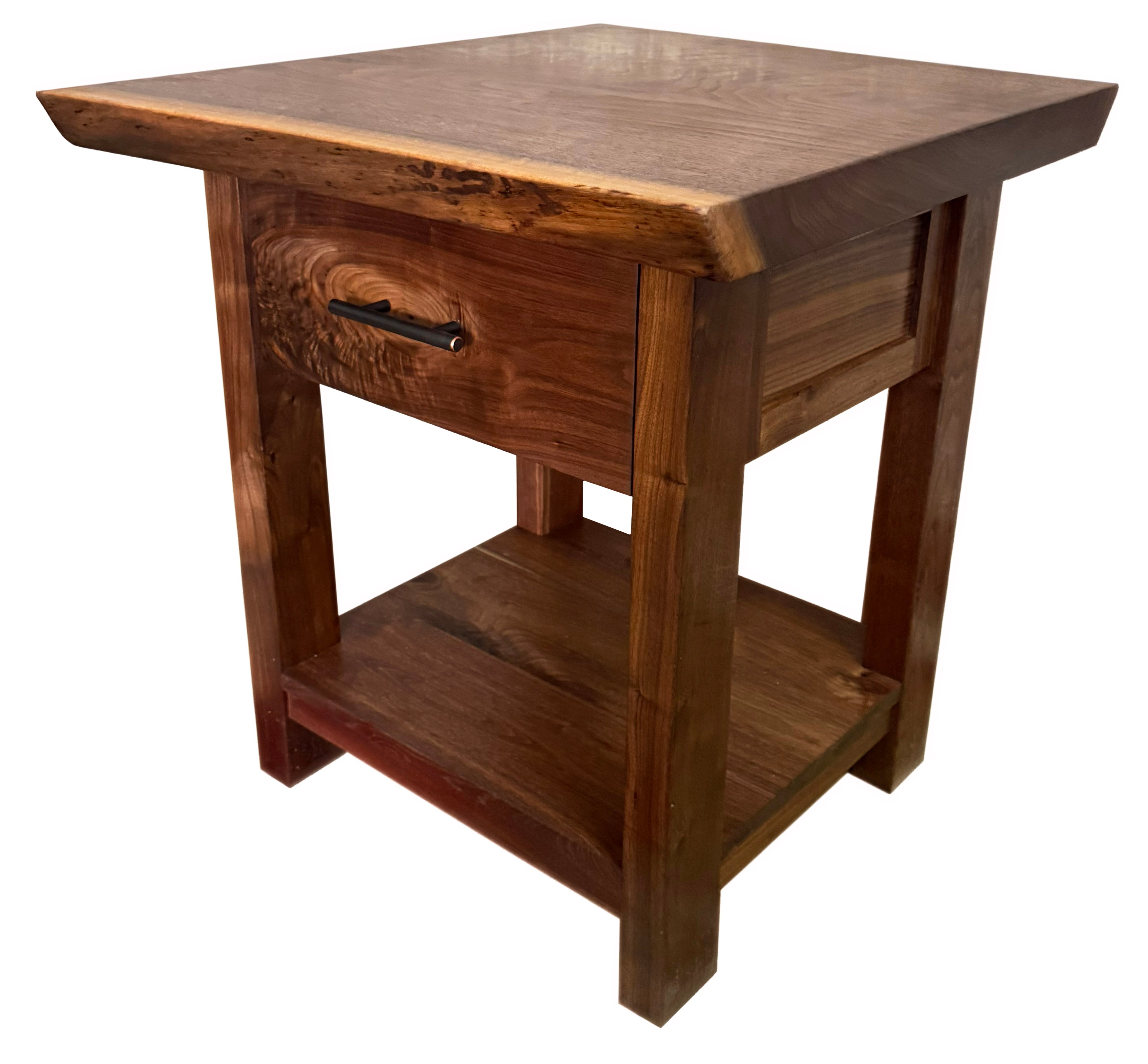 Modern Farmhouse Western Live Edge Walnut & Metal End Or Bedside Table With Drawer
