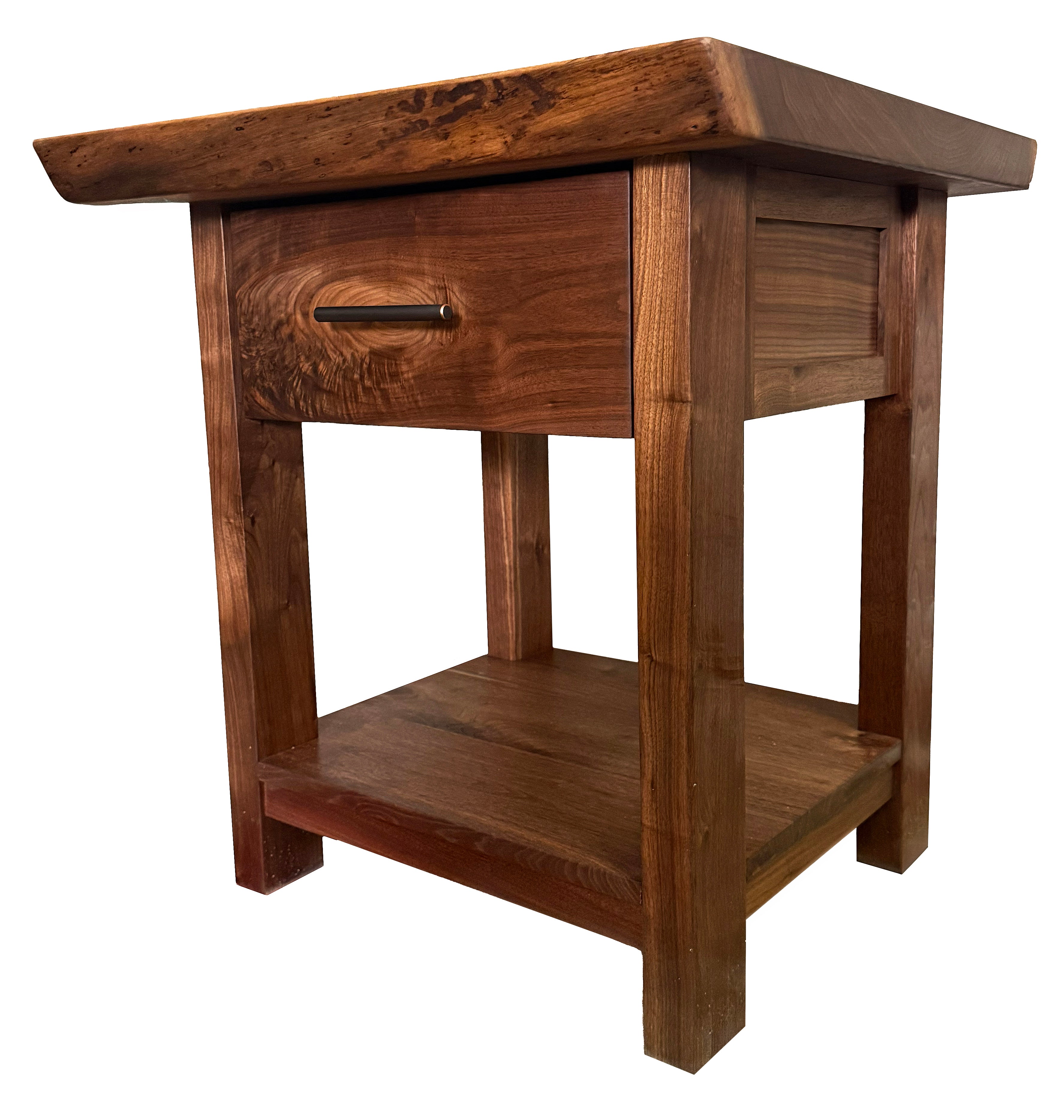 Modern Farmhouse Western Live Edge Walnut & Metal End Or Bedside Table With Drawer