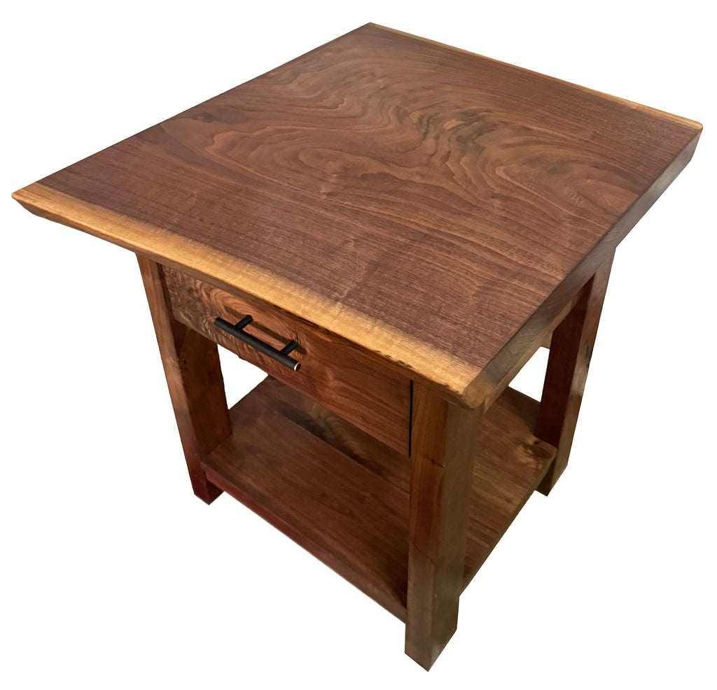 Modern Farmhouse Western Live Edge Walnut & Metal End Or Bedside Table With Drawer