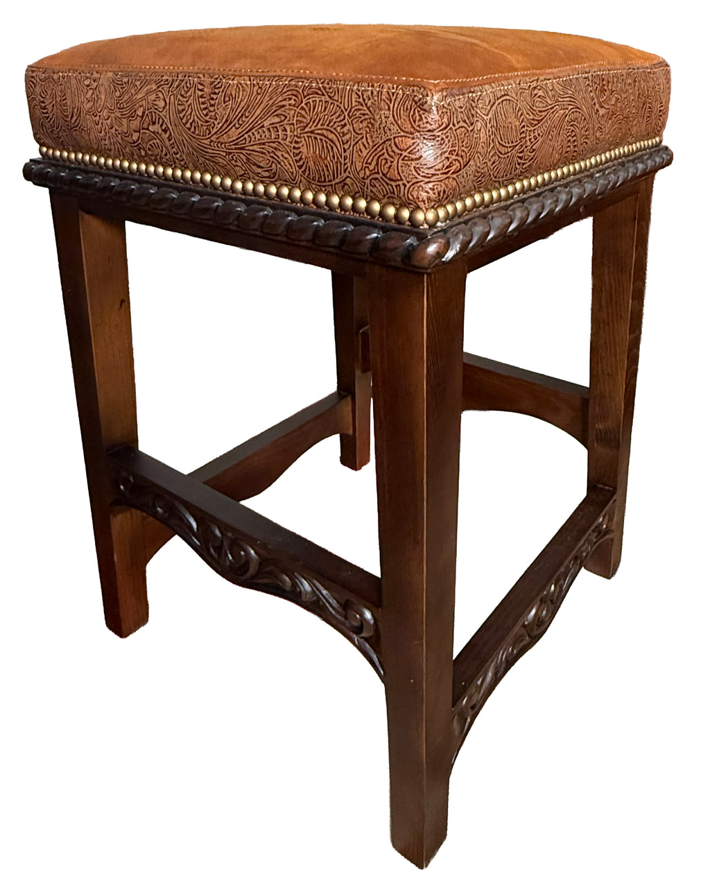Wooden stool with a brown leather cushion on a white background