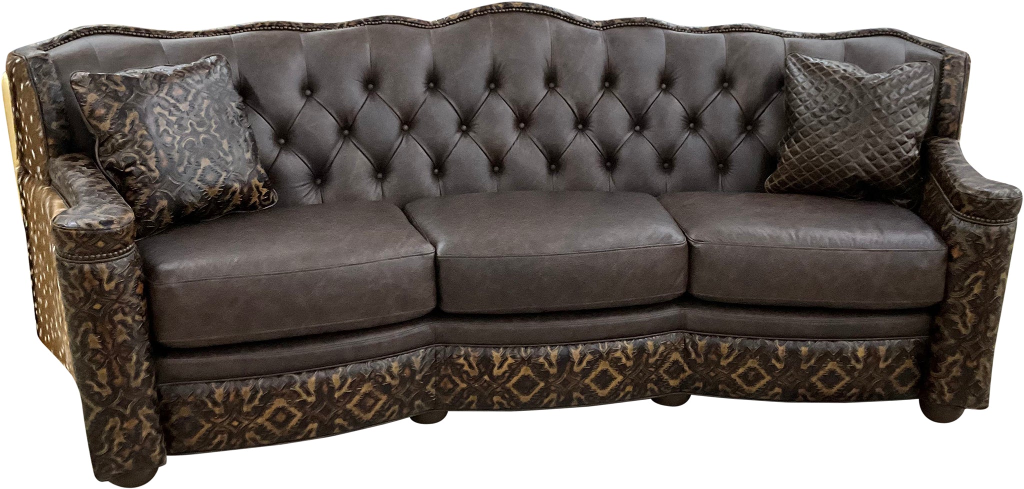 curved tufted conversation western brown leather sofa with del rio brown accent leather and authentic axis hide on the outside wings and arms