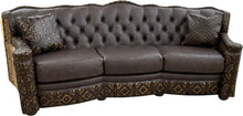 Load image into Gallery viewer, curved tufted conversation western brown leather sofa with del rio brown accent leather and authentic axis hide on the outside wings and arms