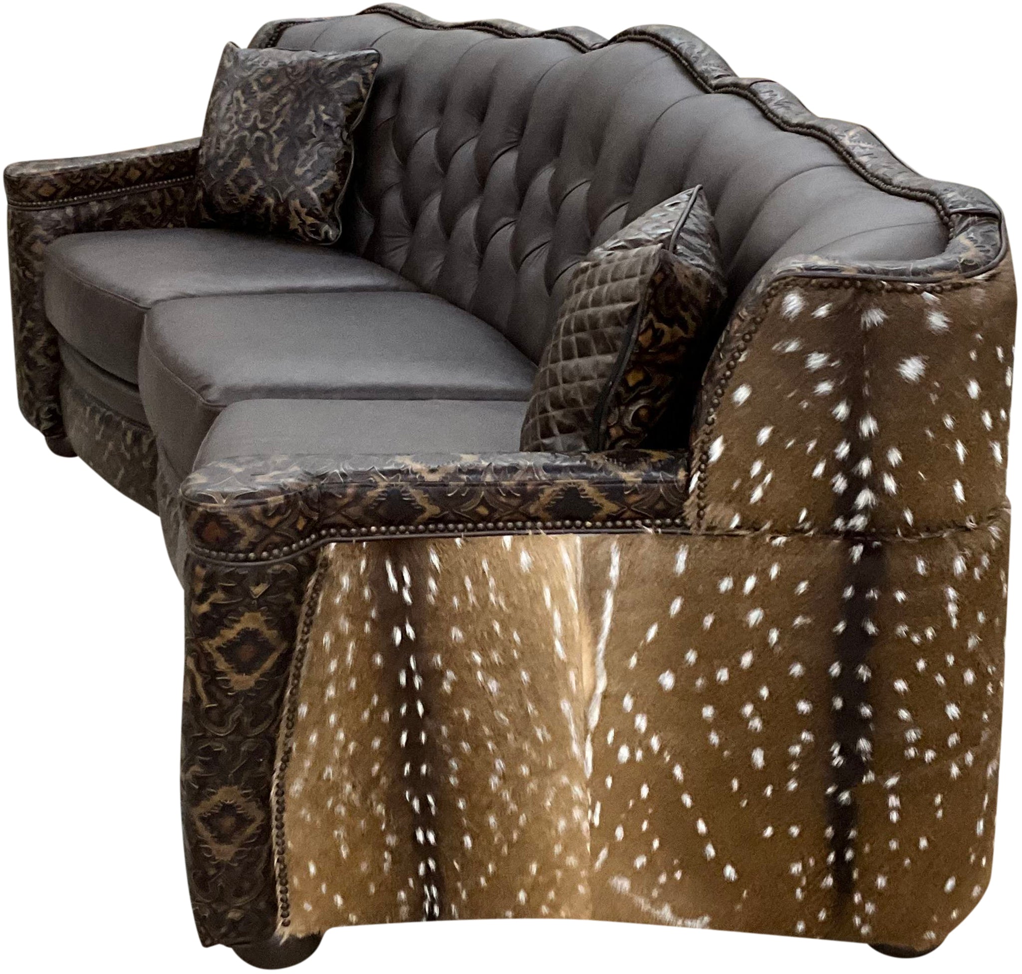 curved tufted conversation western brown leather sofa with del rio brown accent leather and authentic axis hide on the outside wings and arms