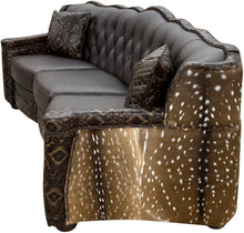 Load image into Gallery viewer, curved tufted conversation western brown leather sofa with del rio brown accent leather and authentic axis hide on the outside wings and arms