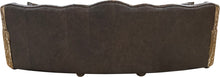 Load image into Gallery viewer, curved tufted conversation western brown leather sofa with del rio brown accent leather and authentic axis hide on the outside wings and arms
