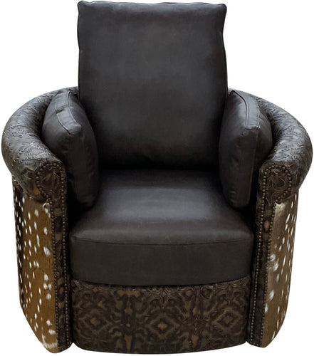 brown leather roll arm swivel recliner with del rio accent leather and authentic axis deer hide wrapped on the outside arms