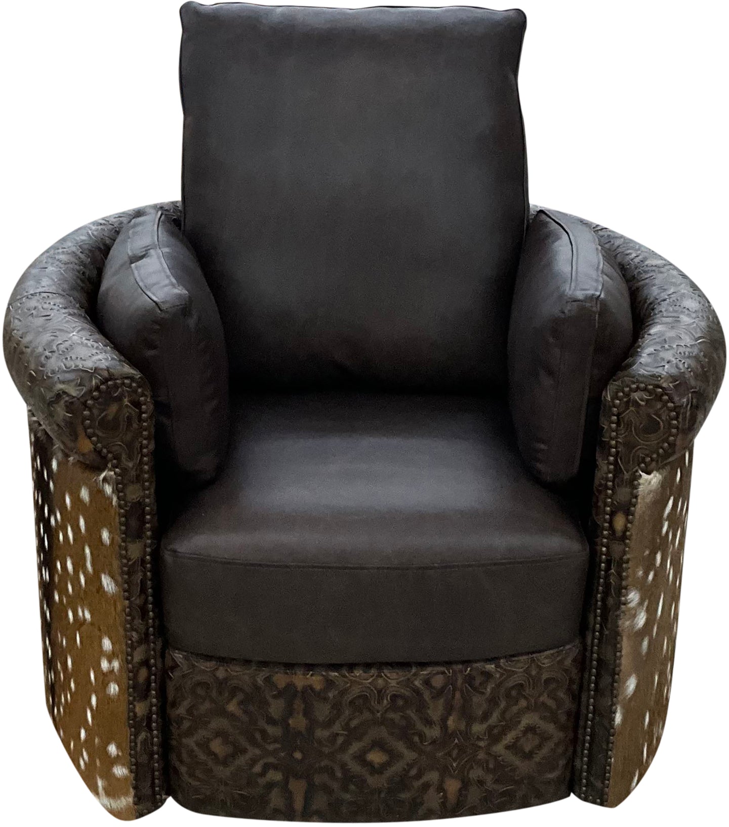 brown leather roll arm swivel recliner with del rio accent leather and authentic axis deer hide wrapped on the outside arms