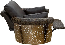 Load image into Gallery viewer, brown leather roll arm swivel recliner with del rio accent leather and authentic axis deer hide wrapped on the outside arms