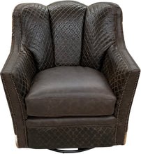 Load image into Gallery viewer, Brown leather swivel chair with quilted diamond tufted pattern and authentic axis deer hide wrapped around the outside arms