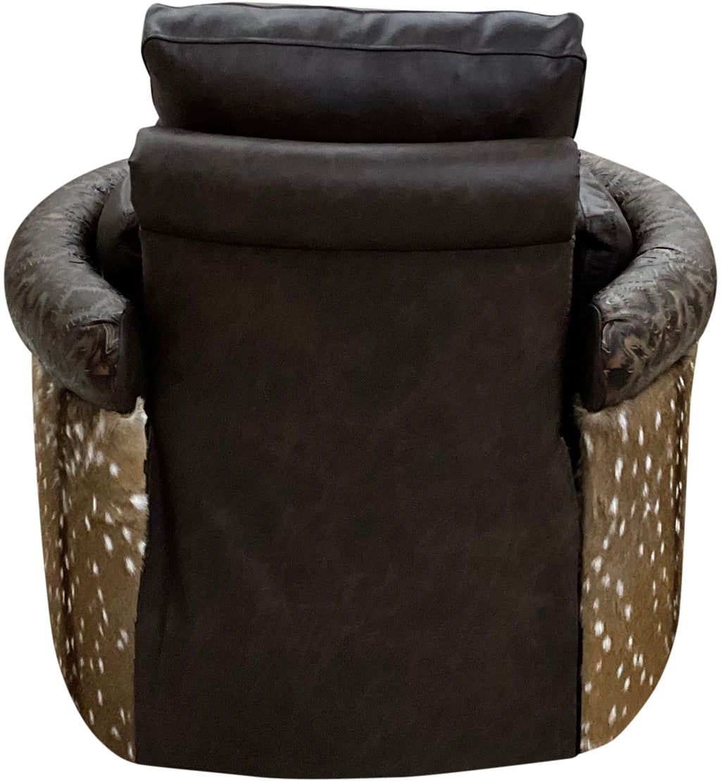 brown leather roll arm swivel recliner with del rio accent leather and authentic axis deer hide wrapped on the outside arms