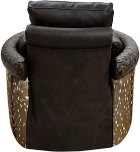 brown leather roll arm swivel recliner with del rio accent leather and authentic axis deer hide wrapped on the outside arms