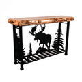 The Moose Aspen Wood Scene Sofa Table is perfect for any rustic style setting such as cabins, shop houses and game rooms. This product features a 3 dimensional wooded Moose scene hand crafted from iron as well as an aspen wood top with a live edge finish.