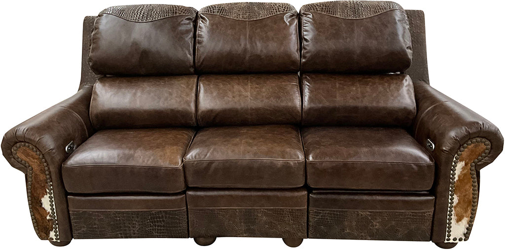 Rustic Lodge Western Dark Brown Leather & Cowhide Double Pillowback Recliner Sofa