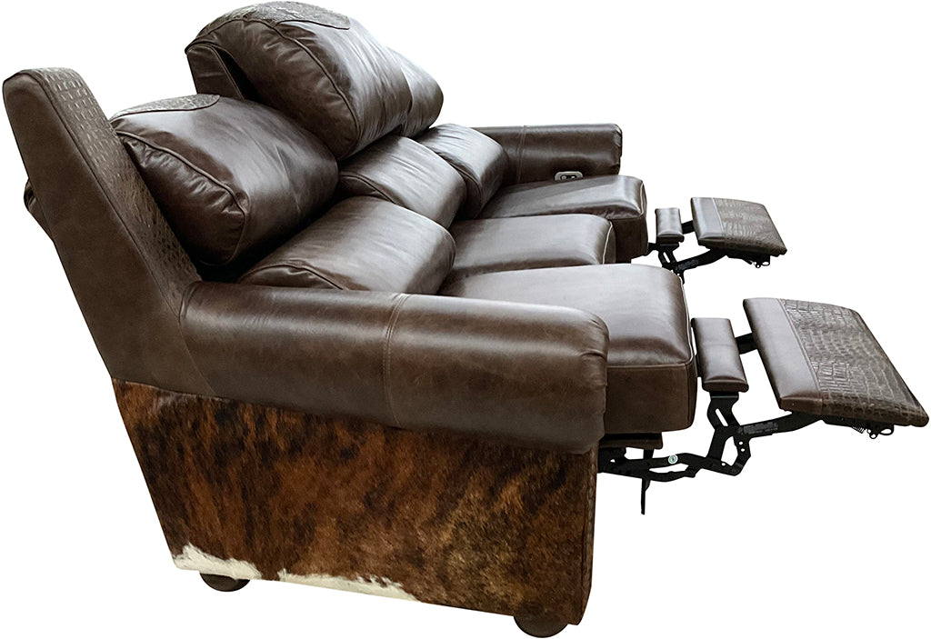 Rustic Lodge Western Dark Brown Leather & Cowhide Double Pillowback Recliner Sofa With Recliner Extended