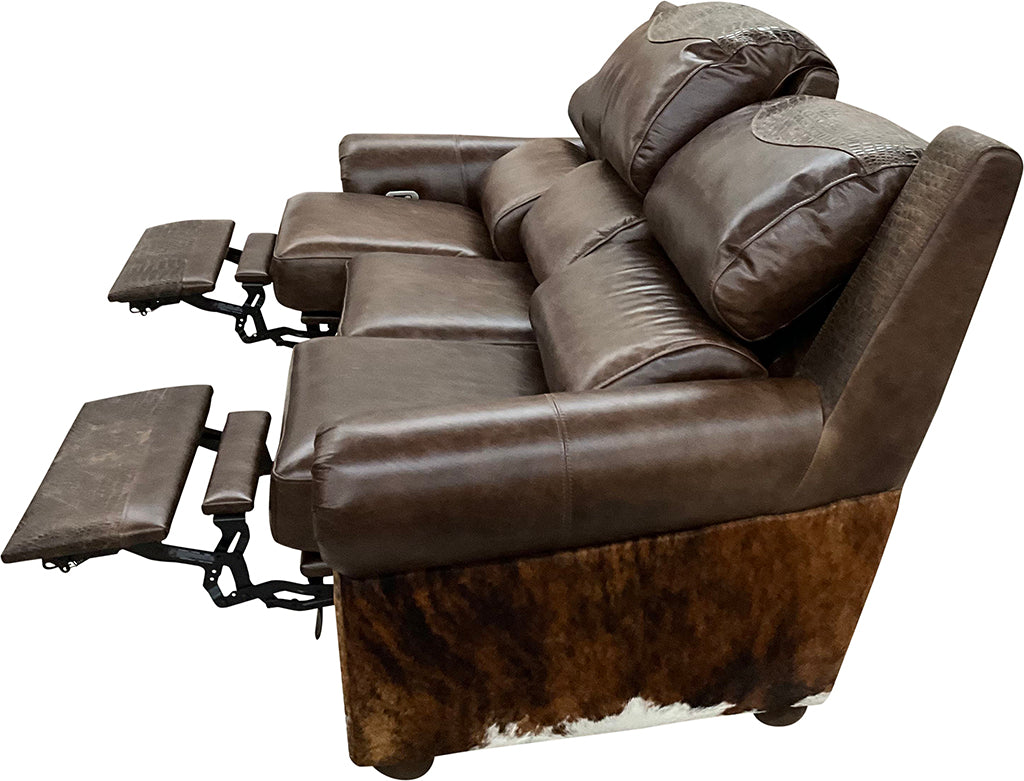 Rustic Lodge Western Dark Brown Leather & Cowhide Double Pillowback Recliner Sofa With Recliner Extended