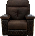 Relax in Western style with the Dakota Rocker Recliner, crafted in Cora Pecan leather, Del Rio Brown accents, and light exotic brindle hide. Features oversized metal cup holders built to fit YETI tumblers.