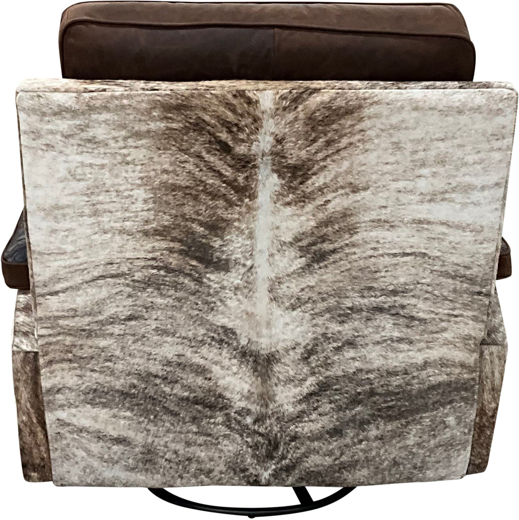 Relax in Western style with the Dakota Rocker Recliner, crafted in Cora Pecan leather, Del Rio Brown accents, and light exotic brindle hide. Features oversized metal cup holders built to fit YETI tumblers.