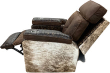 Load image into Gallery viewer, Relax in Western style with the Dakota Rocker Recliner, crafted in Cora Pecan leather, Del Rio Brown accents, and light exotic brindle hide. Features oversized metal cup holders built to fit YETI tumblers.