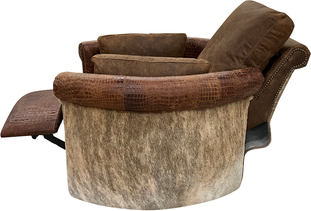 Santa Barbara Rolled & Rounded Arm Western Leather & Cowhide Swivel Recliner Side & Reclined