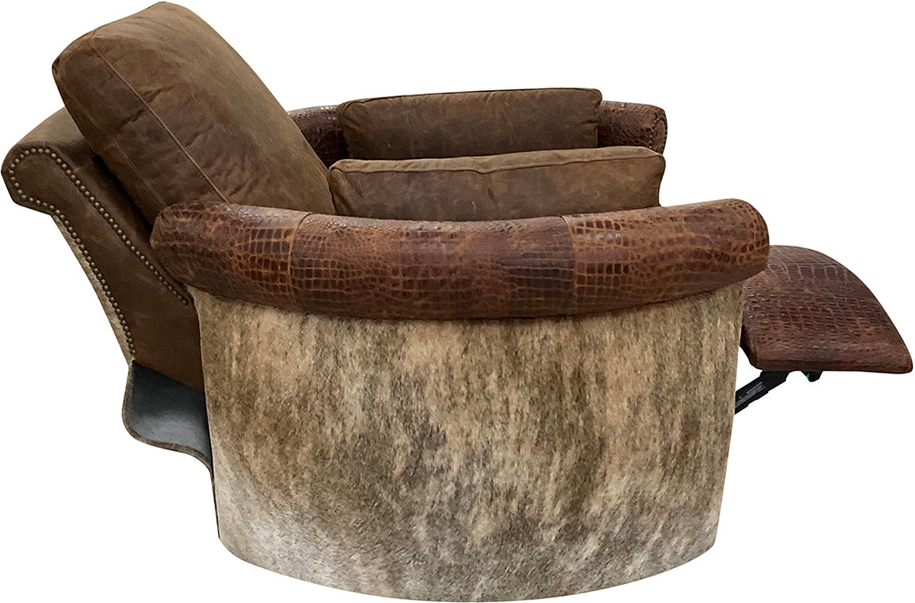 Santa Barbara Rolled & Rounded Arm Western Leather & Cowhide Swivel Recliner Side & Reclined