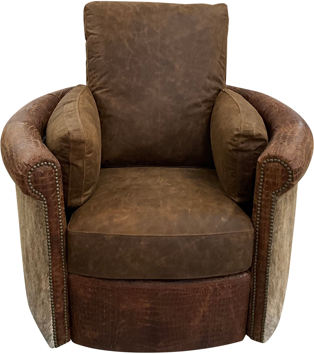 Santa Barbara Rolled & Rounded Arm Western Leather & Cowhide Swivel Recliner