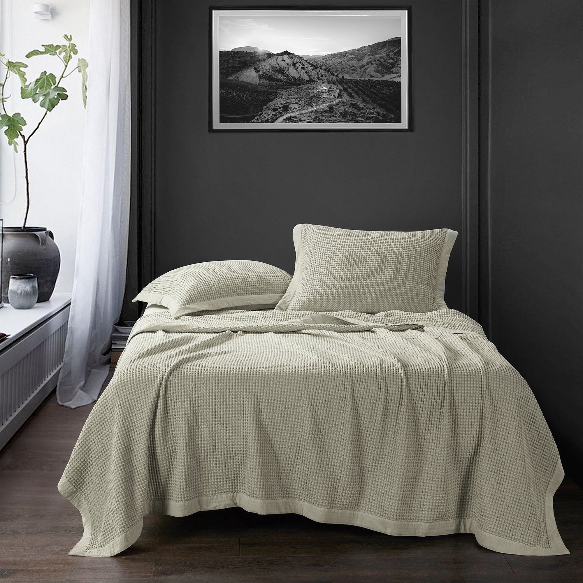 Stonewashed Cotton Waffle Weave Coverlet - Light Tan Coverlet