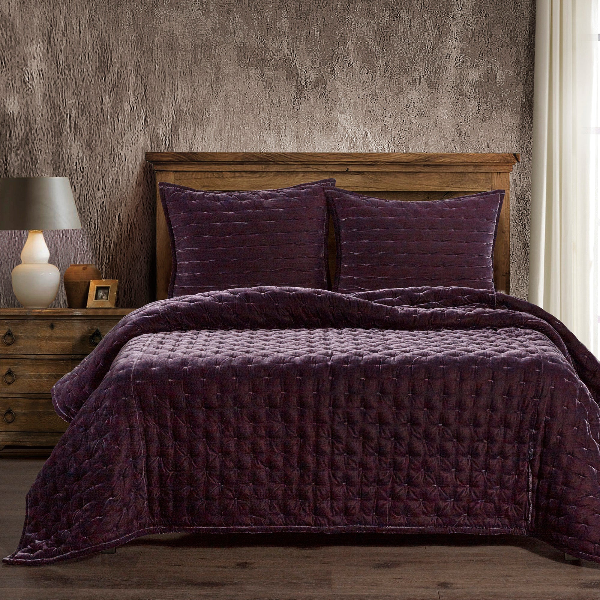Stella Faux Silk Velvet Pintuck Quilt Set - Dark Violet Quilt Set
