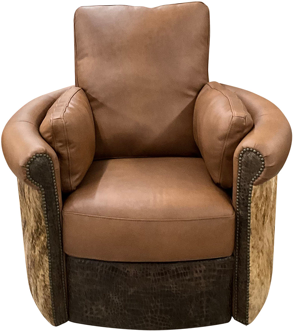 Santa Ynez Rolled & Rounded Arm Modern Farmhouse Western Saddle Color Leather & Cowhide Swivel Recliner 