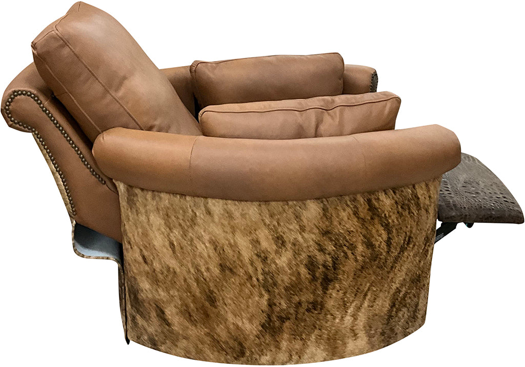 Santa Ynez Rolled & Rounded Arm Modern Farmhouse Western Saddle Color Leather & Cowhide Swivel Recliner Side With Recliner Extended