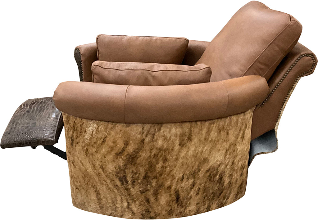 Santa Ynez Rolled & Rounded Arm Modern Farmhouse Western Saddle Color Leather & Cowhide Swivel Recliner Side With Recliner Extended
