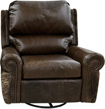 Load image into Gallery viewer, The Wyoming Swivel Glider Recliner features Galveston Vintage leather, Gator Rustic Walnut accent leather, and authentic buffalo hide wrapping the exterior. Western luxury recliner with swivel, glider, and full reclining functionality — handcrafted for lodge, ranch, and luxury western homes.