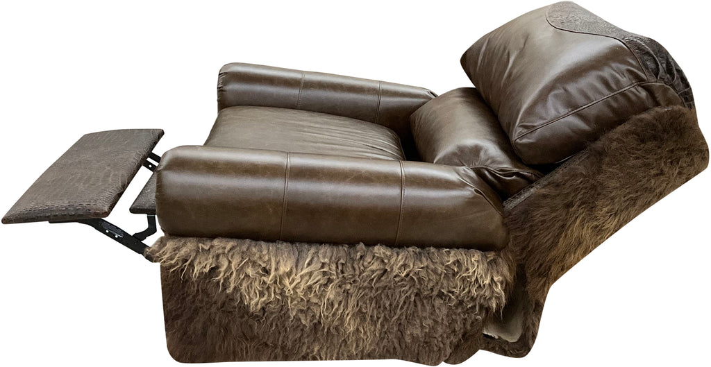 The Wyoming Swivel Glider Recliner features Galveston Vintage leather, Gator Rustic Walnut accent leather, and authentic buffalo hide wrapping the exterior. Western luxury recliner with swivel, glider, and full reclining functionality — handcrafted for lodge, ranch, and luxury western homes.