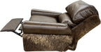 The Wyoming Swivel Glider Recliner features Galveston Vintage leather, Gator Rustic Walnut accent leather, and authentic buffalo hide wrapping the exterior. Western luxury recliner with swivel, glider, and full reclining functionality — handcrafted for lodge, ranch, and luxury western homes.