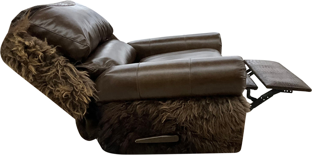 The Wyoming Swivel Glider Recliner features Galveston Vintage leather, Gator Rustic Walnut accent leather, and authentic buffalo hide wrapping the exterior. Western luxury recliner with swivel, glider, and full reclining functionality — handcrafted for lodge, ranch, and luxury western homes.