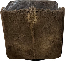 Load image into Gallery viewer, The Wyoming Swivel Glider Recliner features Galveston Vintage leather, Gator Rustic Walnut accent leather, and authentic buffalo hide wrapping the exterior. Western luxury recliner with swivel, glider, and full reclining functionality — handcrafted for lodge, ranch, and luxury western homes.