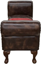 Brown leather 60 inch roll arm bench with an authentic red ostrich hide saddle style insert on the seat cushion
